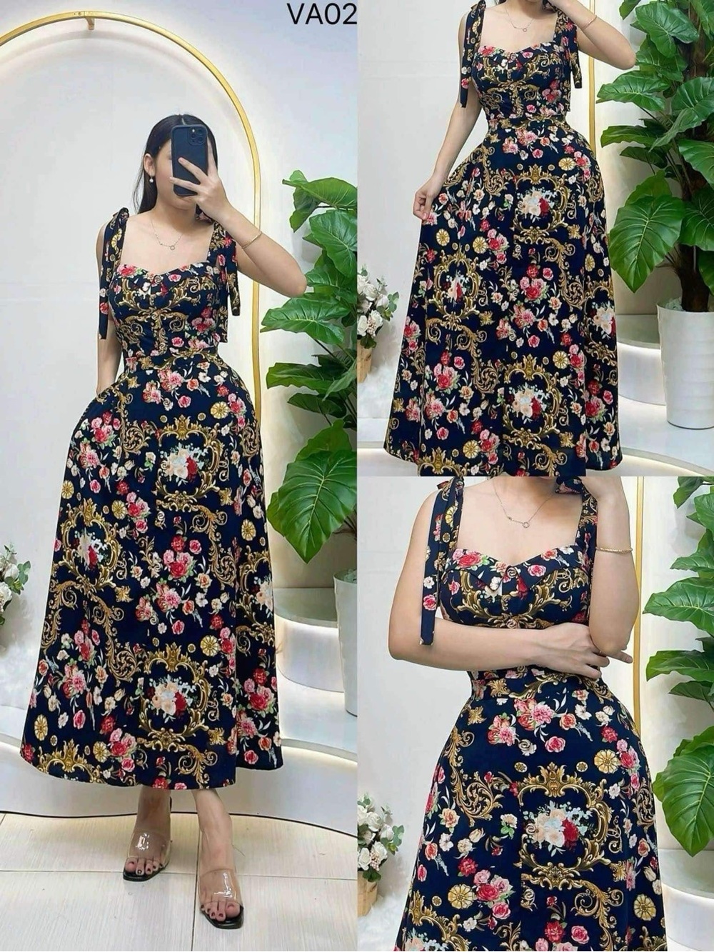 Floral Baroque Navy Tie-Shoulder Midi Dress